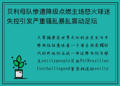 贝利母队惨遭降级点燃主场怒火球迷失控引发严重骚乱暴乱震动足坛