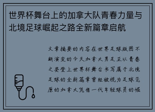世界杯舞台上的加拿大队青春力量与北境足球崛起之路全新篇章启航