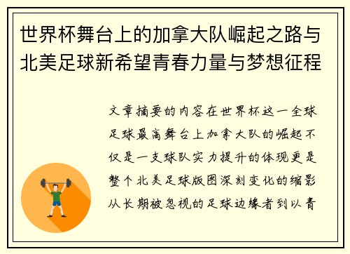 世界杯舞台上的加拿大队崛起之路与北美足球新希望青春力量与梦想征程